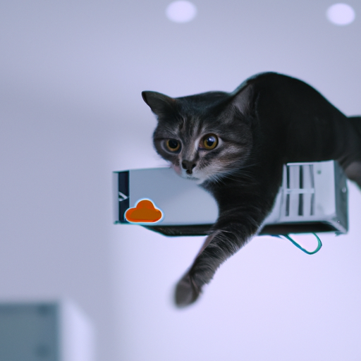 Flying cat holding an OVHcloud server